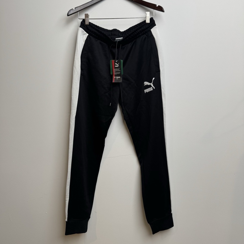 PUMA T7 Track Pants Men's Medium Black White Elastic Waist Drawstring Knit NWT